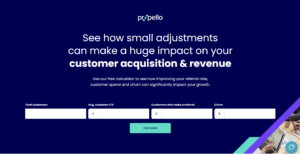 Propello Cloud ROI calculator page with value fields for estimating the commercial impact of a referral and loyalty programme.