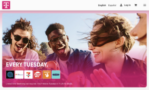 T-Mobile Tuesdays banner reading “Savings on the brands you love, every Tuesday,” showing partner reward tiles and three smiling young customers