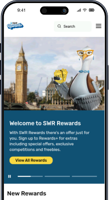 Mobile screen of the SWR Rewards app with a London skyline hero image, two cartoon owls, and a blue Welcome Rewards banner.